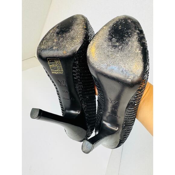 Louis Vuitton Black leather Sequin Peep Toe Platform Pumps Heels Size 35.5 - Picture 6 of 13